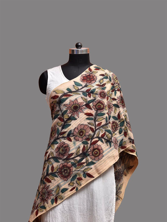 Cream Kalamkari Hand Painted Woolen Stole with Floral Design ds3785