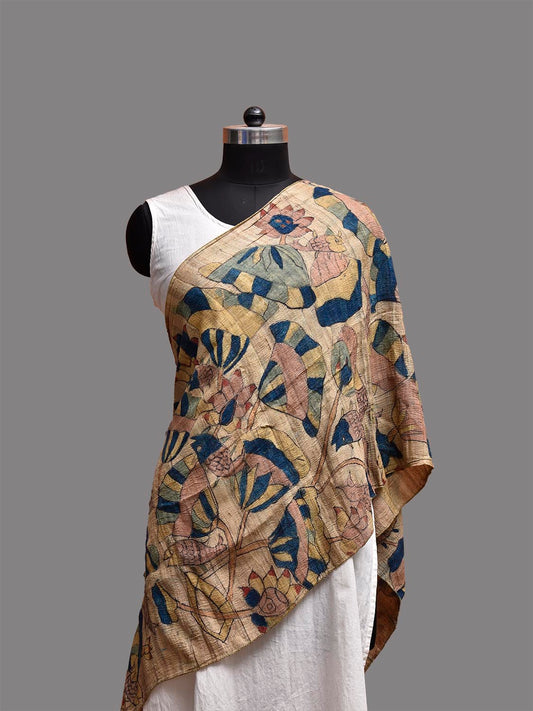Cream Kalamkari Hand Painted Tussar Stole with Floral and Fishes Design ds3787
