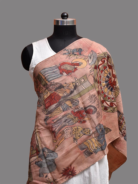 Light Peach Kalamkari Hand Painted Cotton Silk Stole with Ajanta Painting Design ds3788