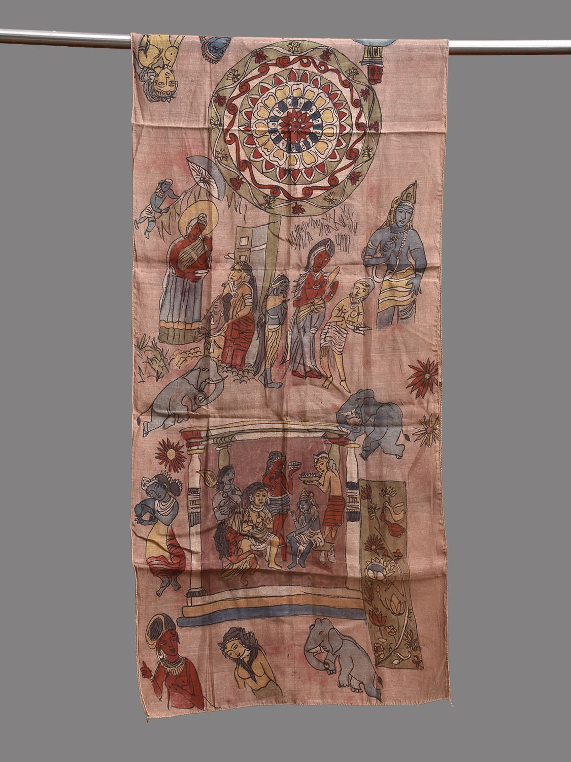 Light Peach Kalamkari Hand Painted Cotton Silk Stole with Ajanta Painting Design ds3788
