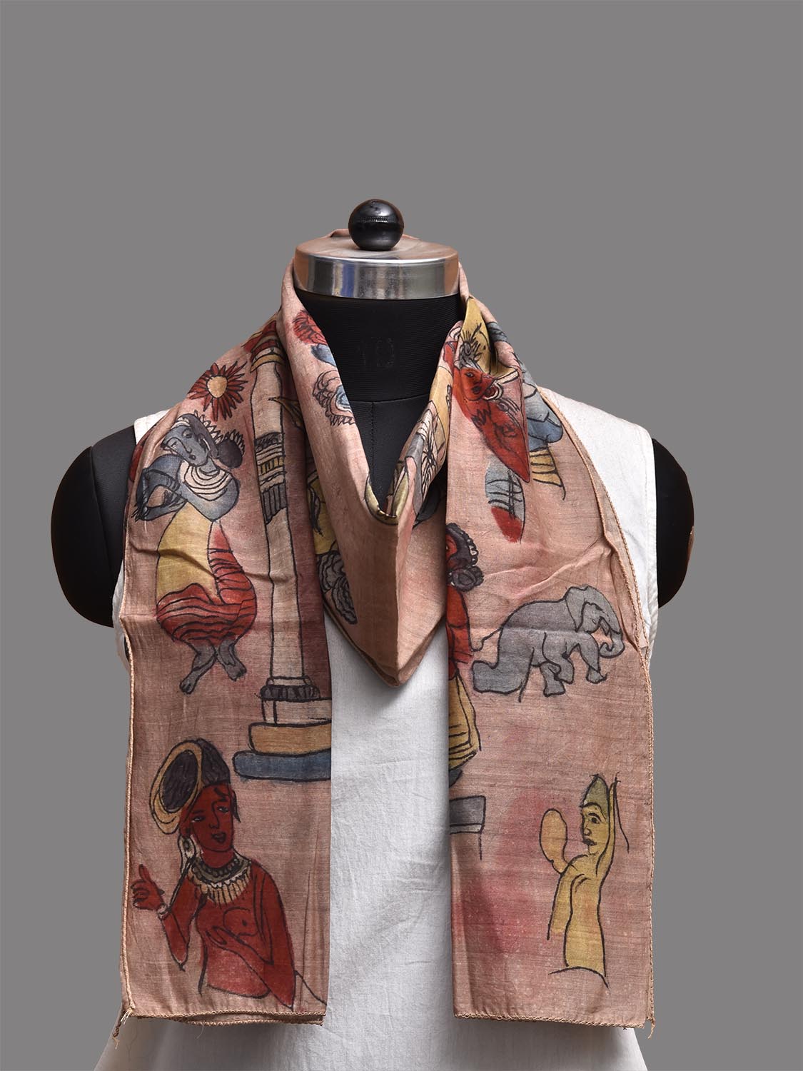Light Peach Kalamkari Hand Painted Cotton Silk Stole with Ajanta Painting Design ds3788