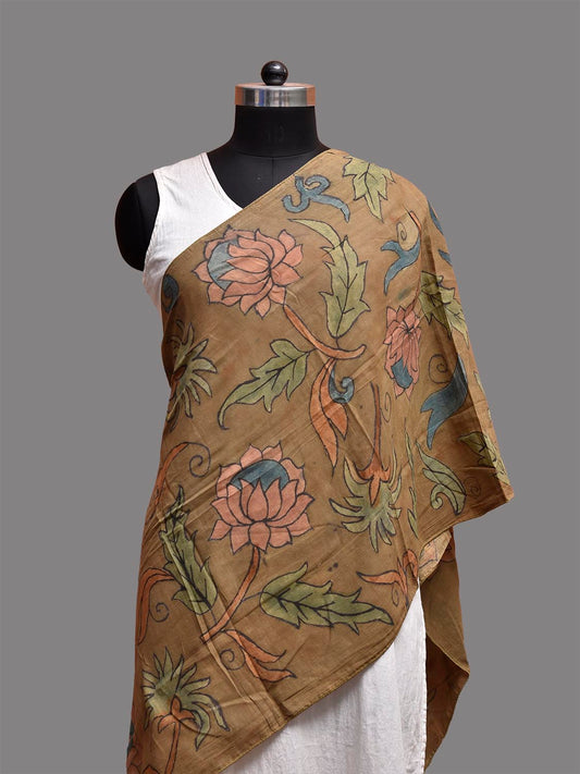 Olive Kalamkari Hand Painted Cotton Stole with Lotus Flowers Design ds3789
