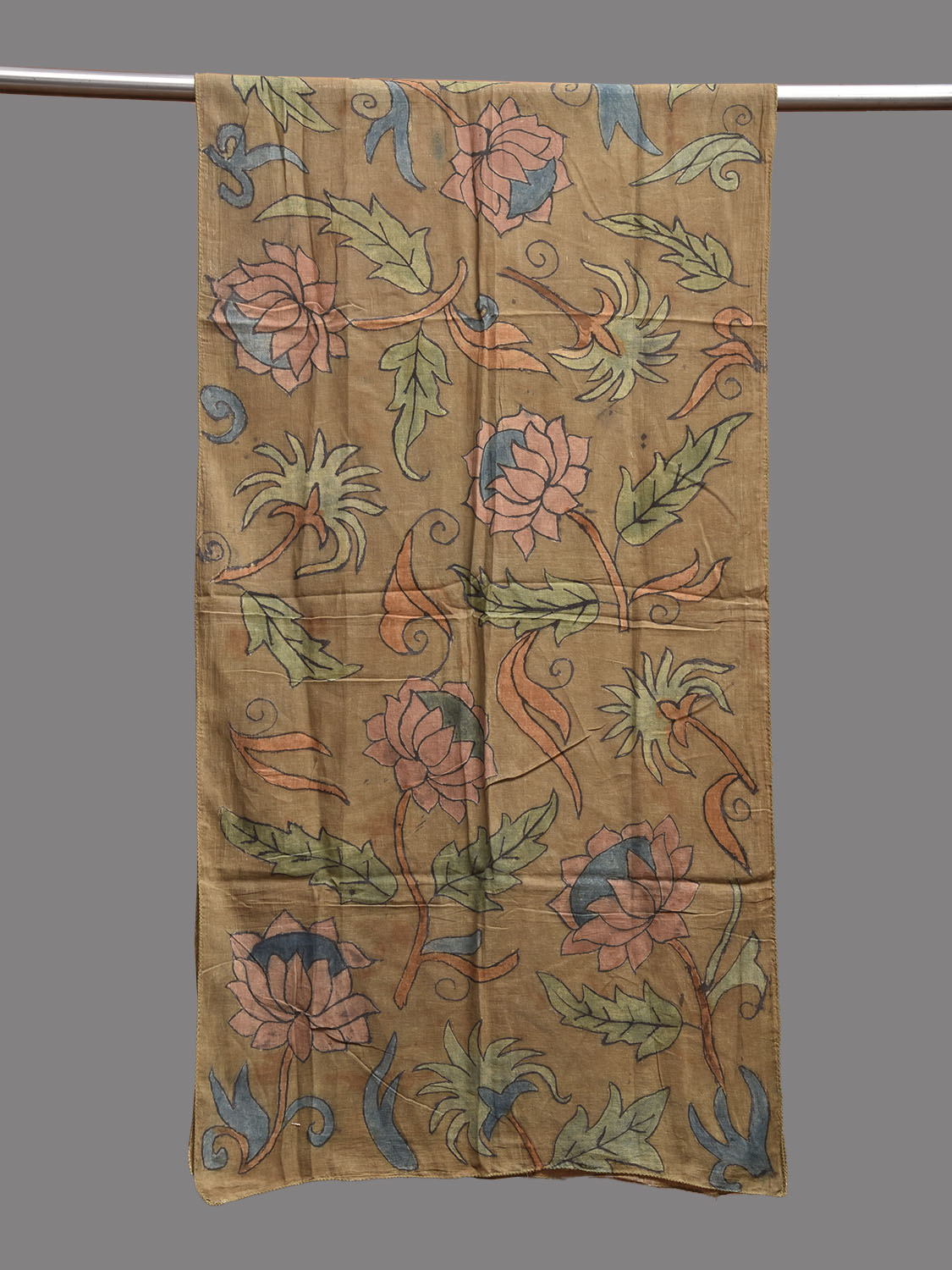 Olive Kalamkari Hand Painted Cotton Stole with Lotus Flowers Design ds3789