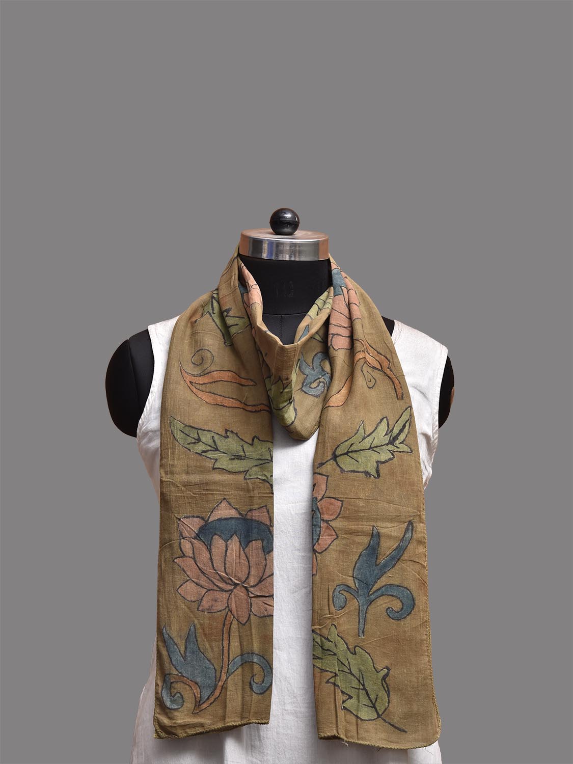 Olive Kalamkari Hand Painted Cotton Stole with Lotus Flowers Design ds3789