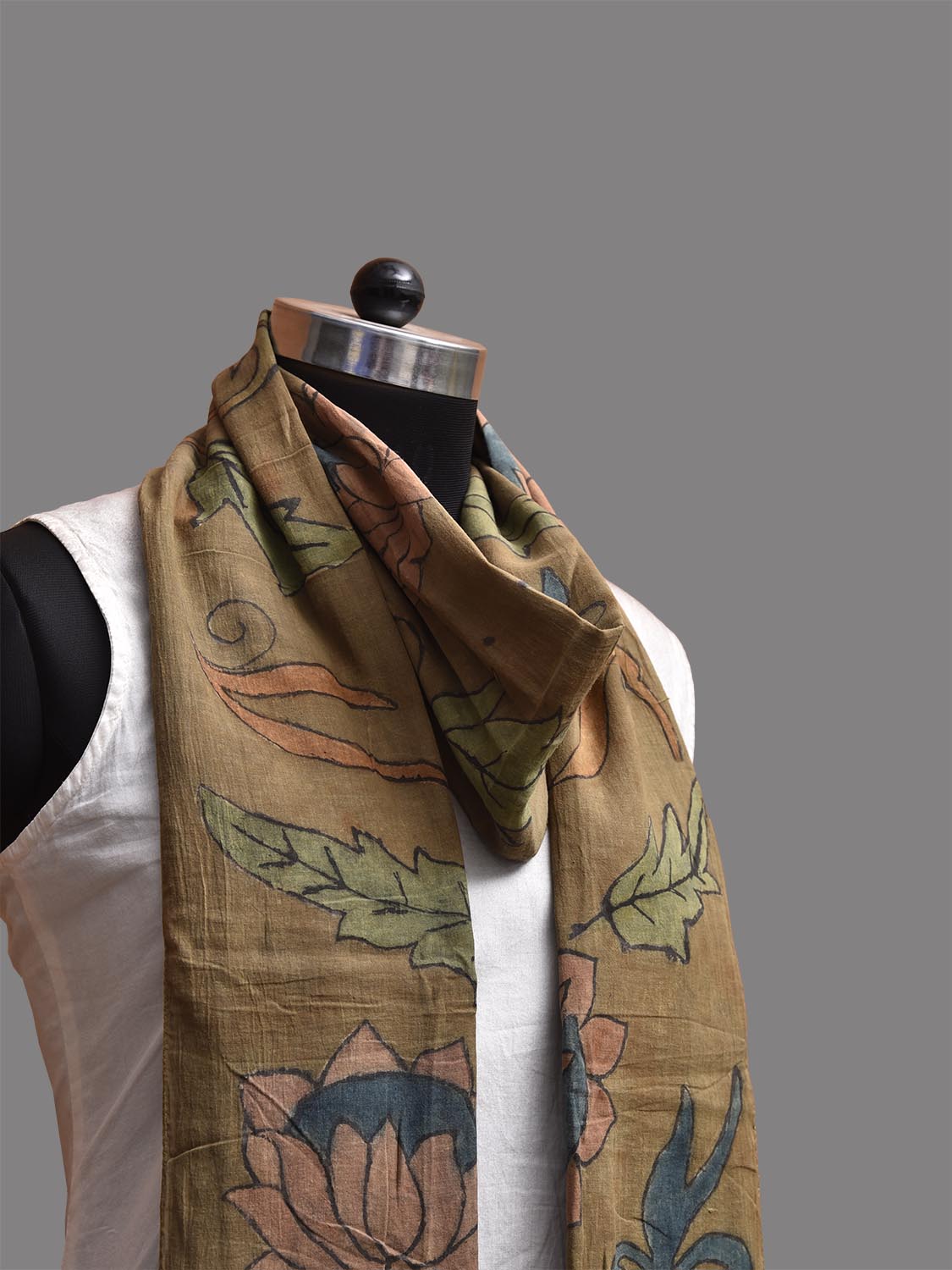 Olive Kalamkari Hand Painted Cotton Stole with Lotus Flowers Design ds3789