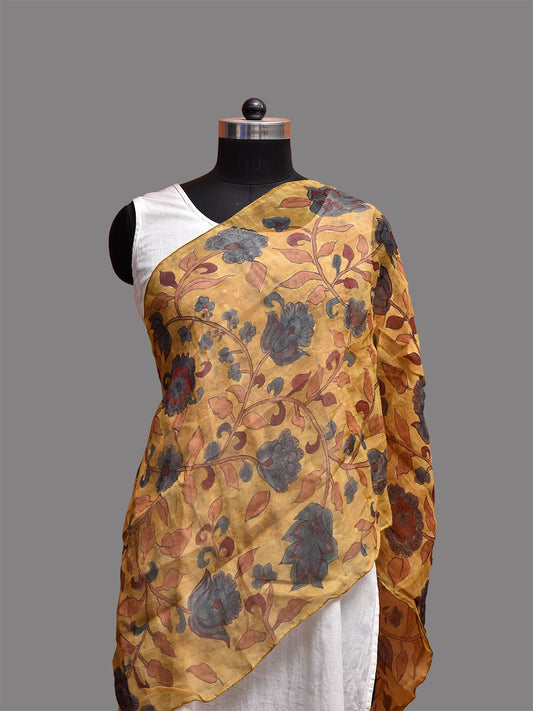 Yellow Kalamkari Hand Painted Organza Stole with Floral Design ds3790