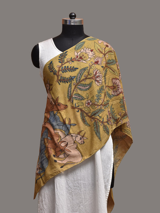 Yellow Kalamkari Hand Painted Cotton Stole with Floral and Cows Design ds3791