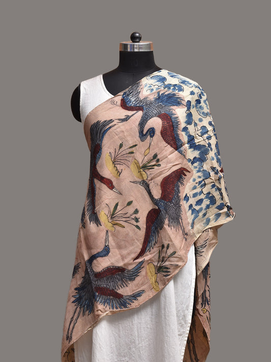 Light Peach and White Kalamkari Hand Painted Sico Stole with Birds Design ds3794