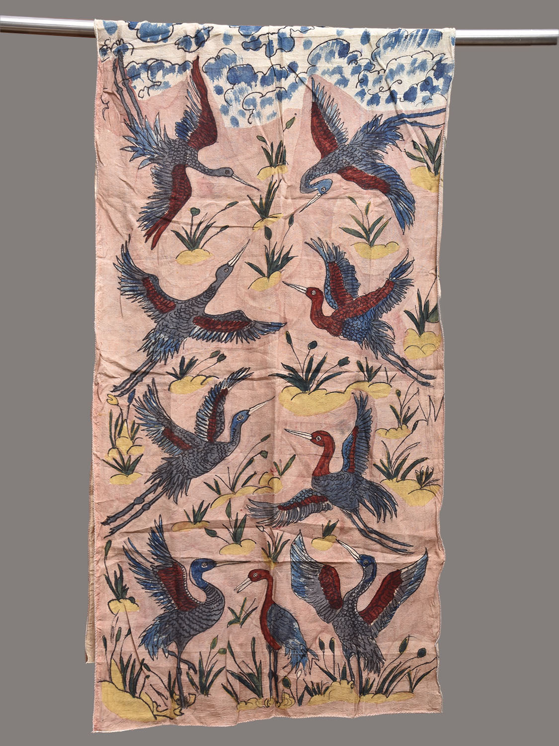 Light Peach and White Kalamkari Hand Painted Sico Stole with Birds Design ds3794