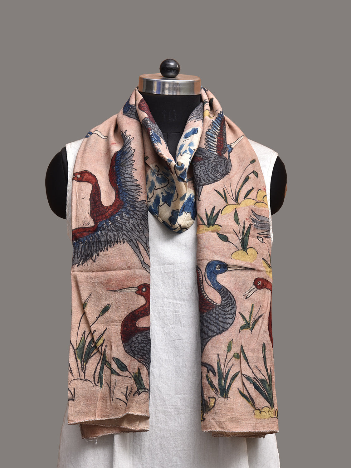 Light Peach and White Kalamkari Hand Painted Sico Stole with Birds Design ds3794