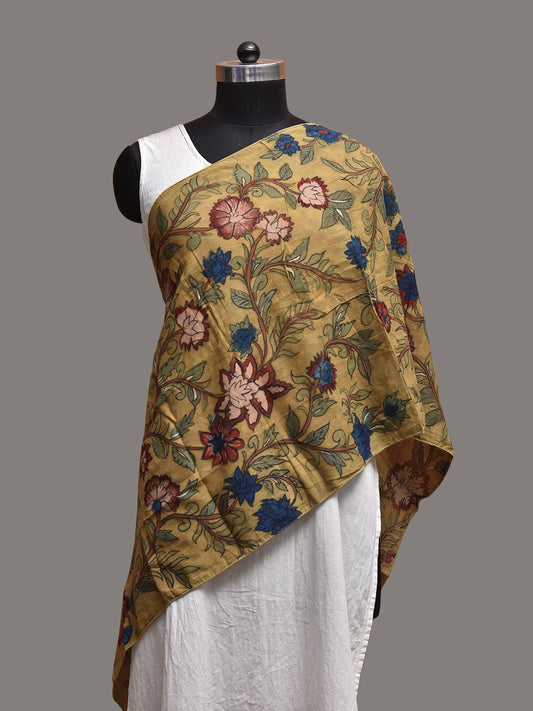 Yellow Kalamkari Hand Painted Sico Stole with Floral Design ds3795