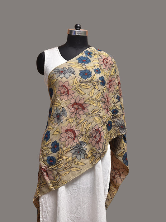 Light Yellow Kalamkari Hand Painted Sico Stole with Floral Design ds3796