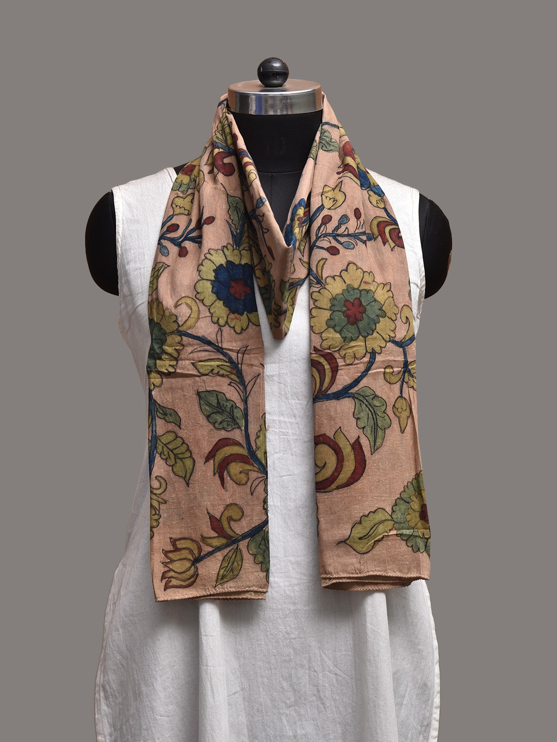 Peach Kalamkari Hand Painted Cotton Stole with Floral Design ds3797