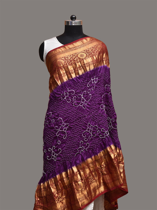 Purple and Red Bandhani Kanchipuram Silk Dupatta with Border Design ds3798