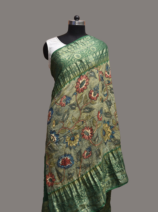 Green Bandhani Kanchipuram Silk Dupatta with Floral Kalamkari Work Design ds3799
