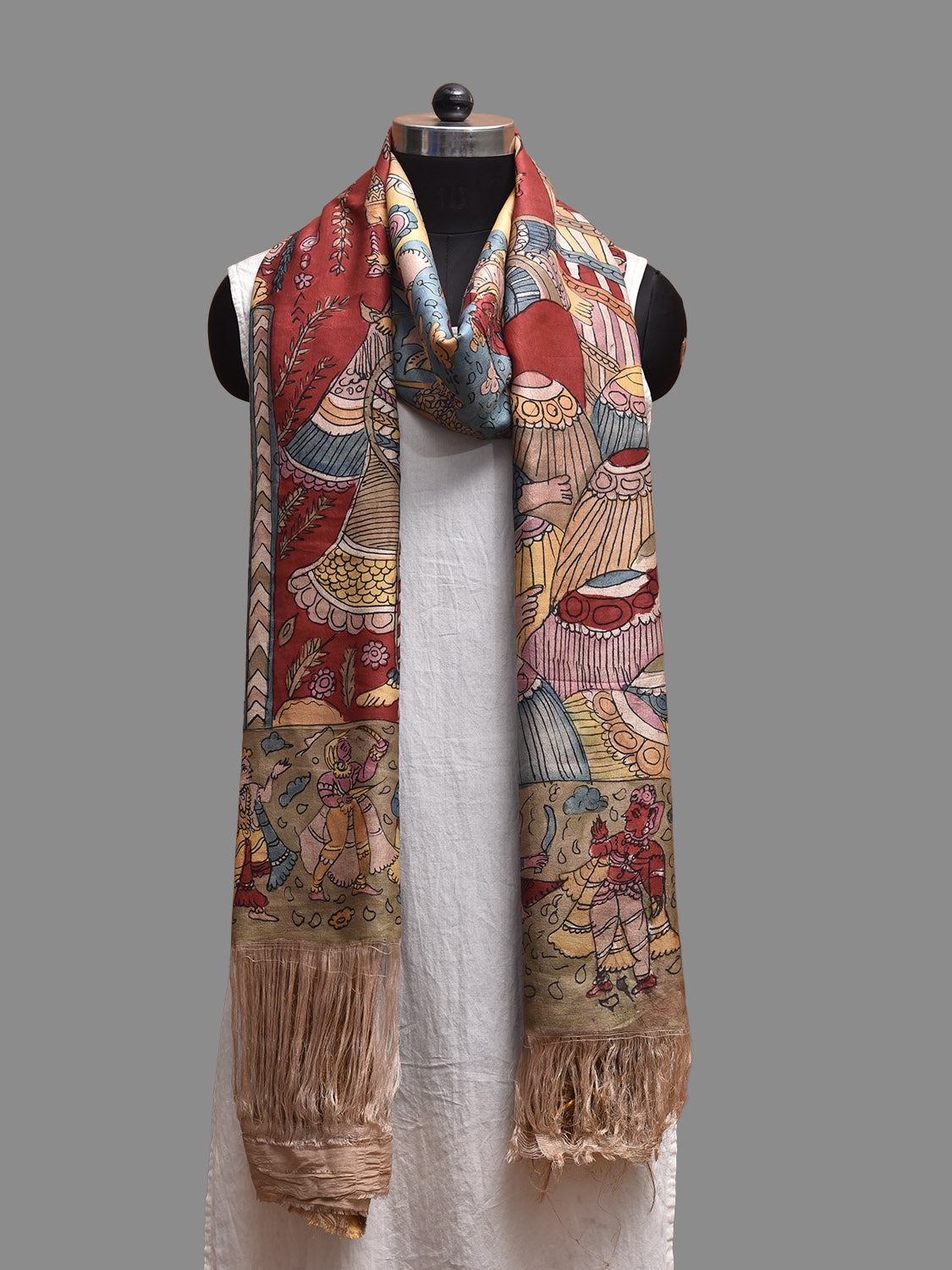 Red and Blue Kalamkari Hand Painted Kanchipuram Silk Dupatta with Durga Mata Design ds3801