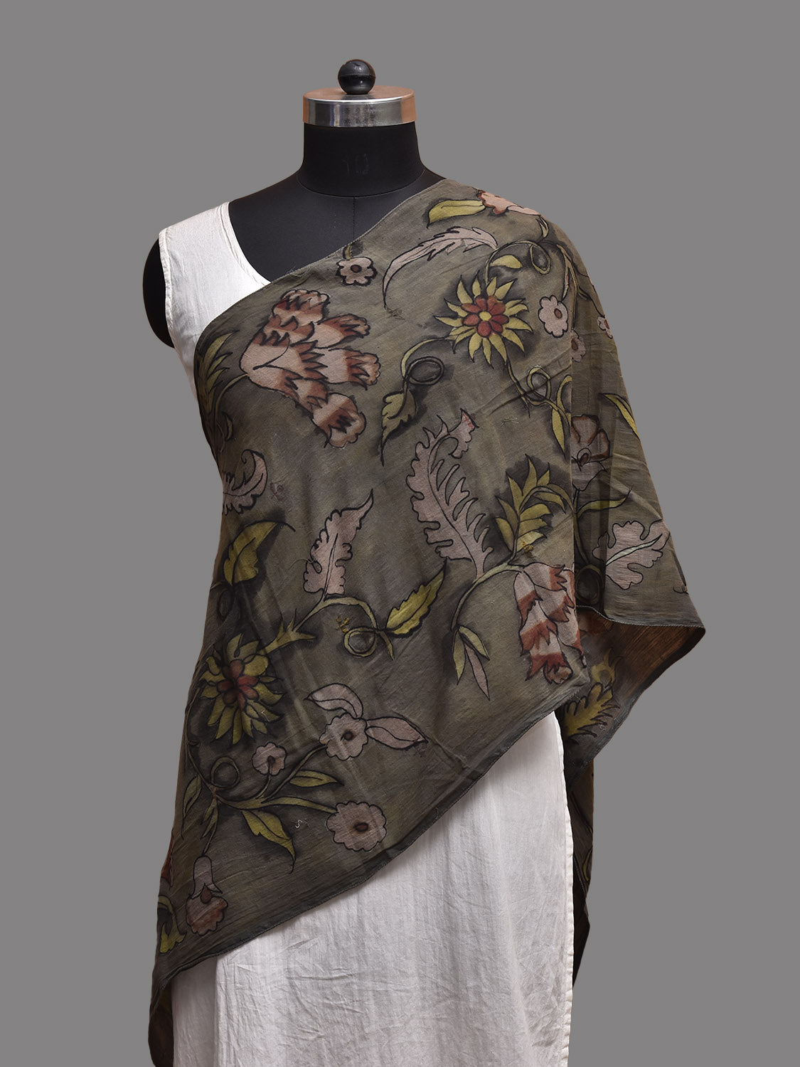 Grey Kalamkari Hand Painted Khadi Cotton Stole with Floral Design ds3804