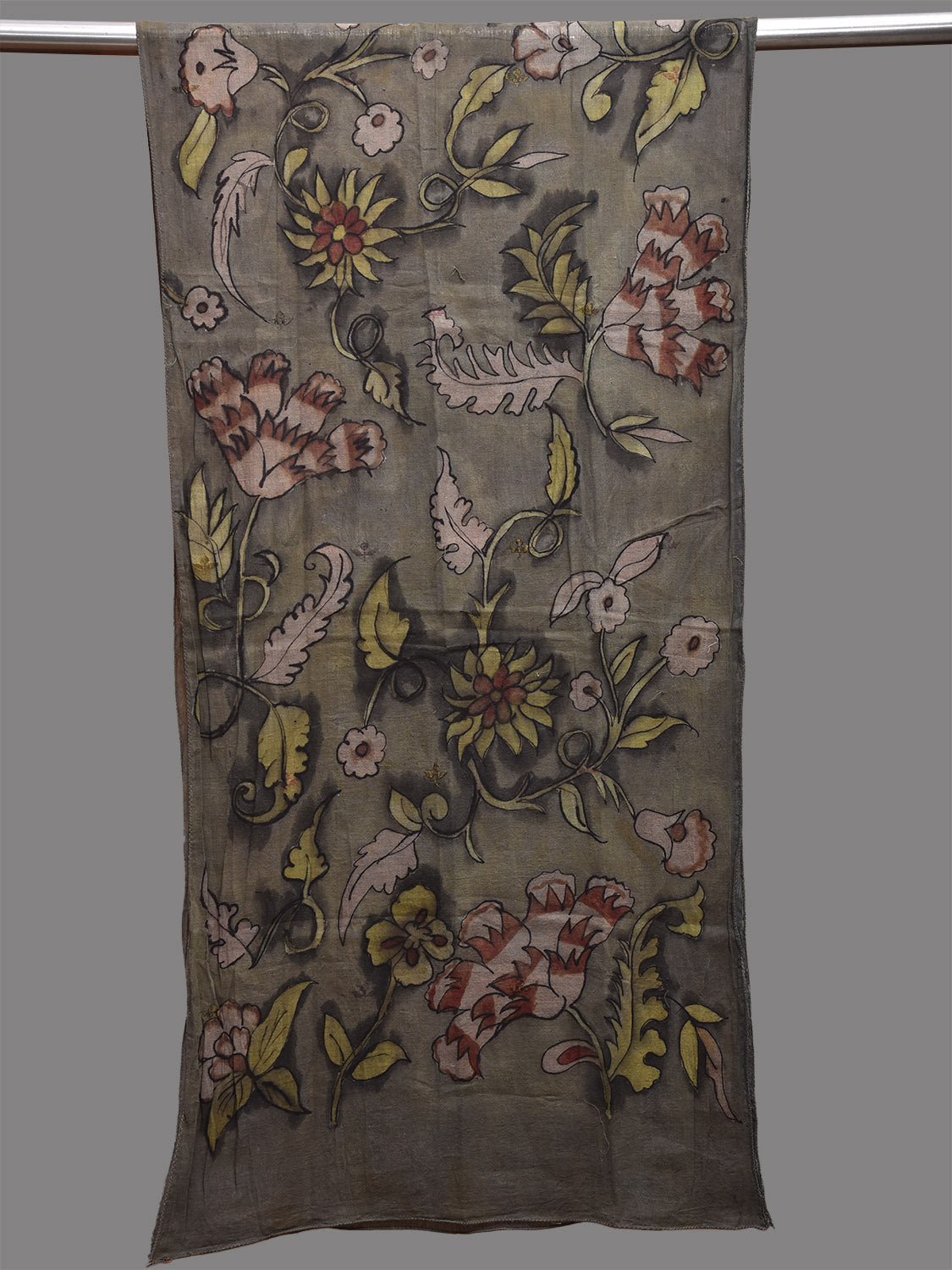 Grey Kalamkari Hand Painted Khadi Cotton Stole with Floral Design ds3804
