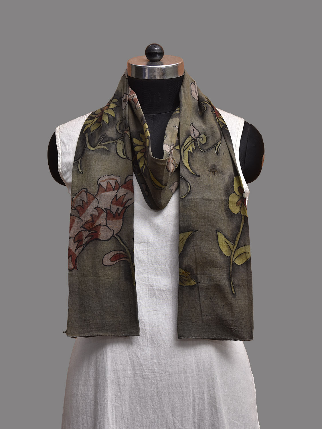 Grey Kalamkari Hand Painted Khadi Cotton Stole with Floral Design ds3804