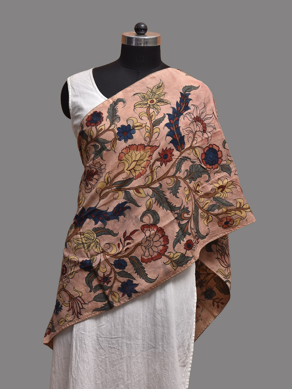 Light Peach Kalamkari Hand Painted Sico Stole with Tree of Life Design ds3805