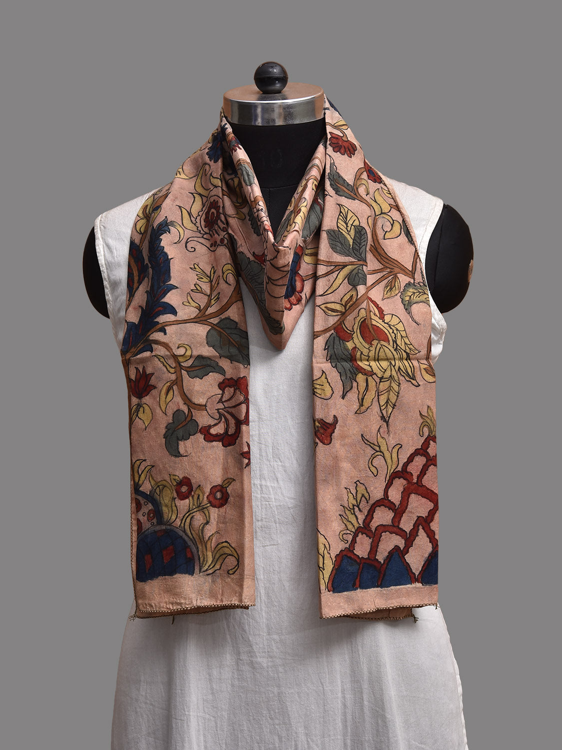 Light Peach Kalamkari Hand Painted Sico Stole with Tree of Life Design ds3805