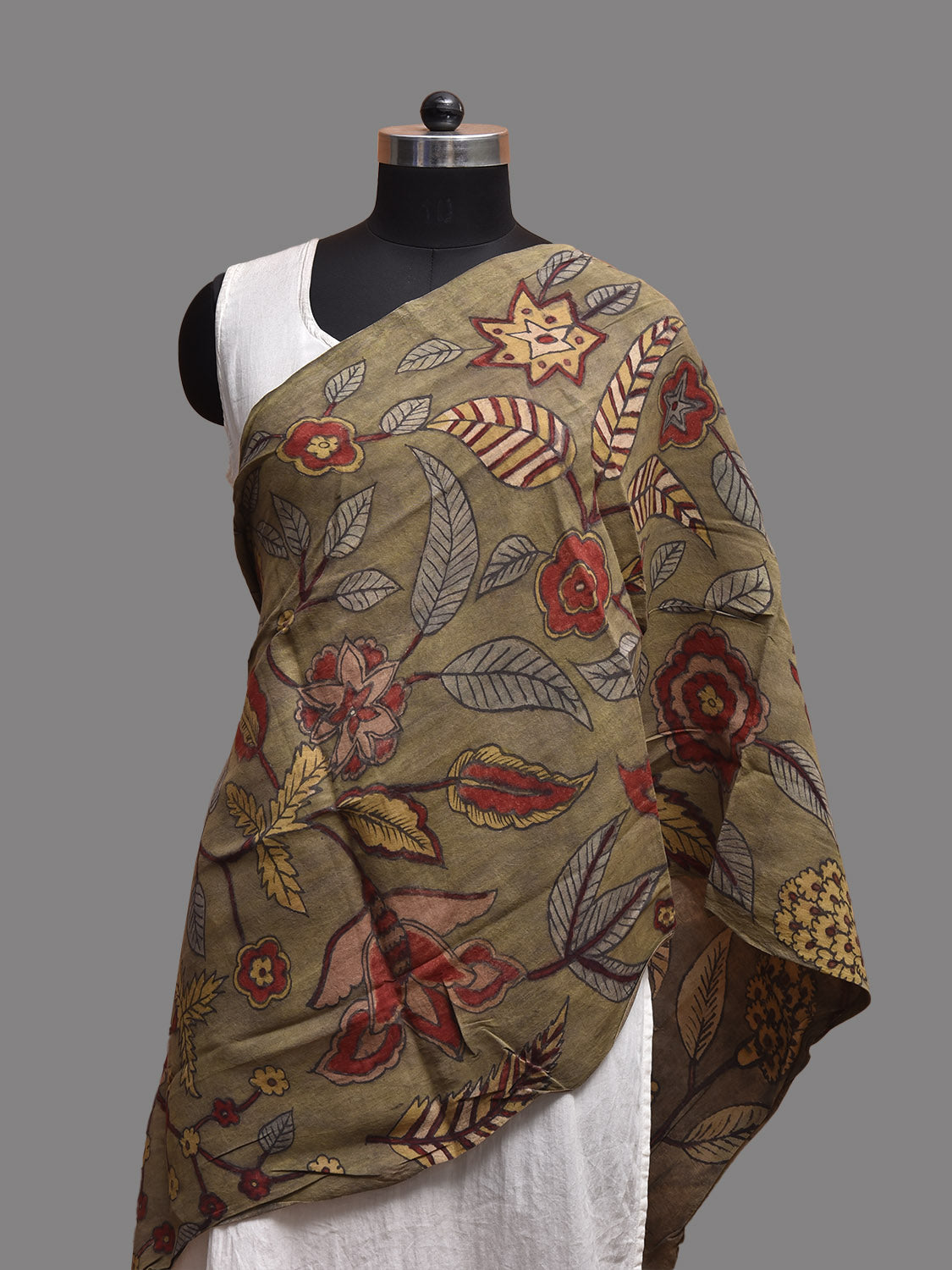 Olive Kalamkari Hand Painted Spun Silk Stole with Floral Design ds3806