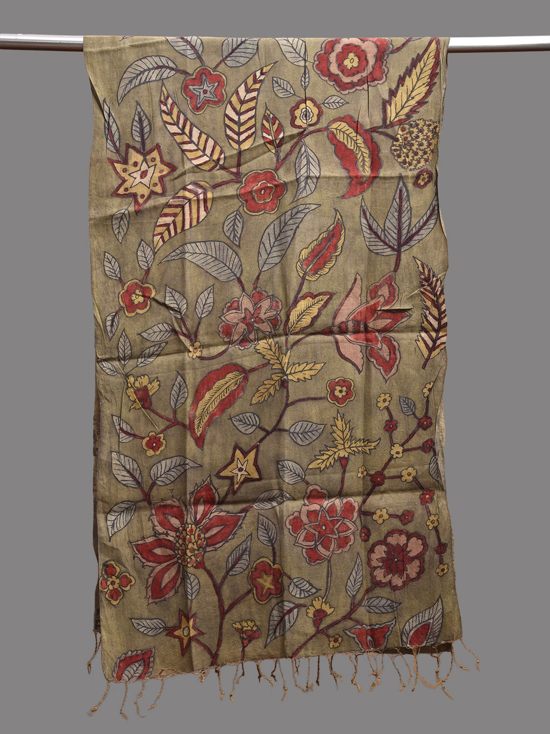 Olive Kalamkari Hand Painted Spun Silk Stole with Floral Design ds3806