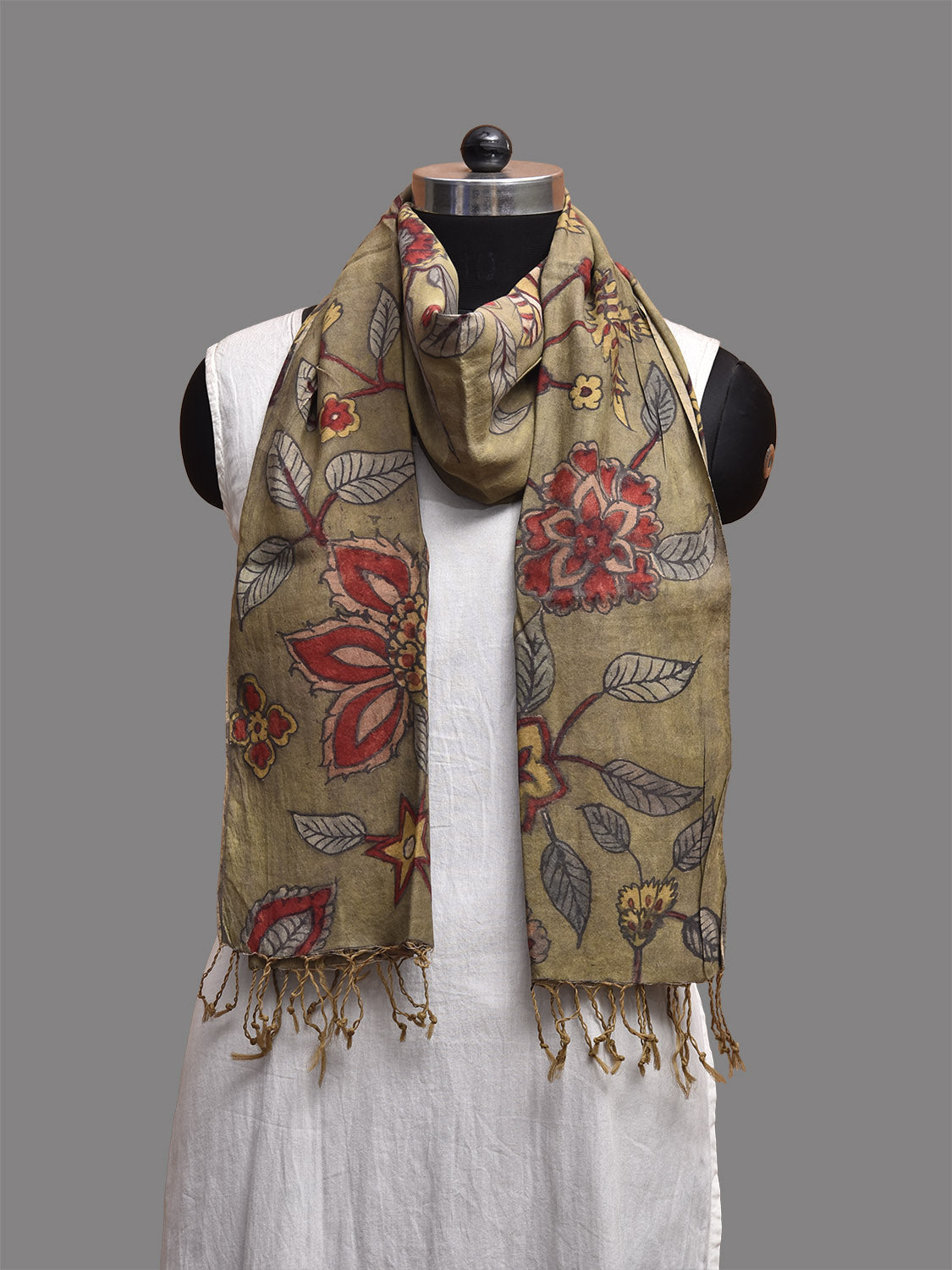 Olive Kalamkari Hand Painted Spun Silk Stole with Floral Design ds3806
