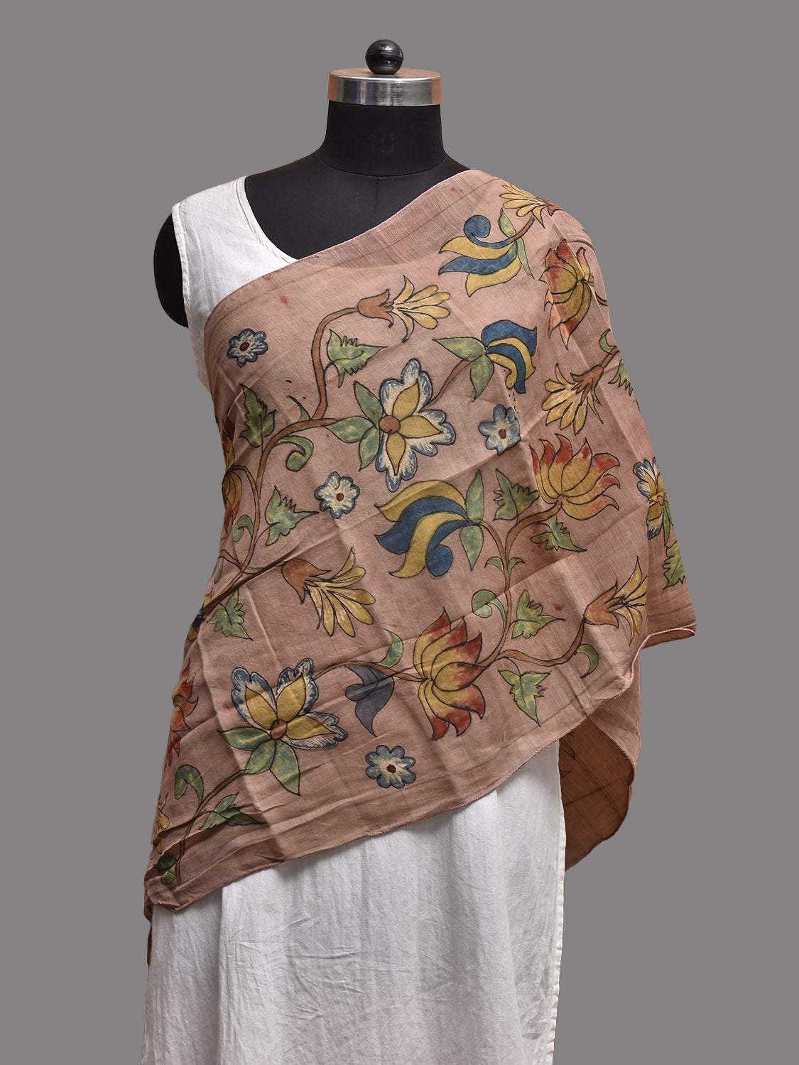 Peach Kalamkari Hand Painted Sico Stole with Lotus Flowers Design ds3807