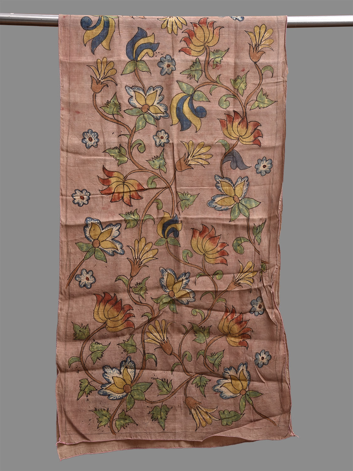 Peach Kalamkari Hand Painted Sico Stole with Lotus Flowers Design ds3807