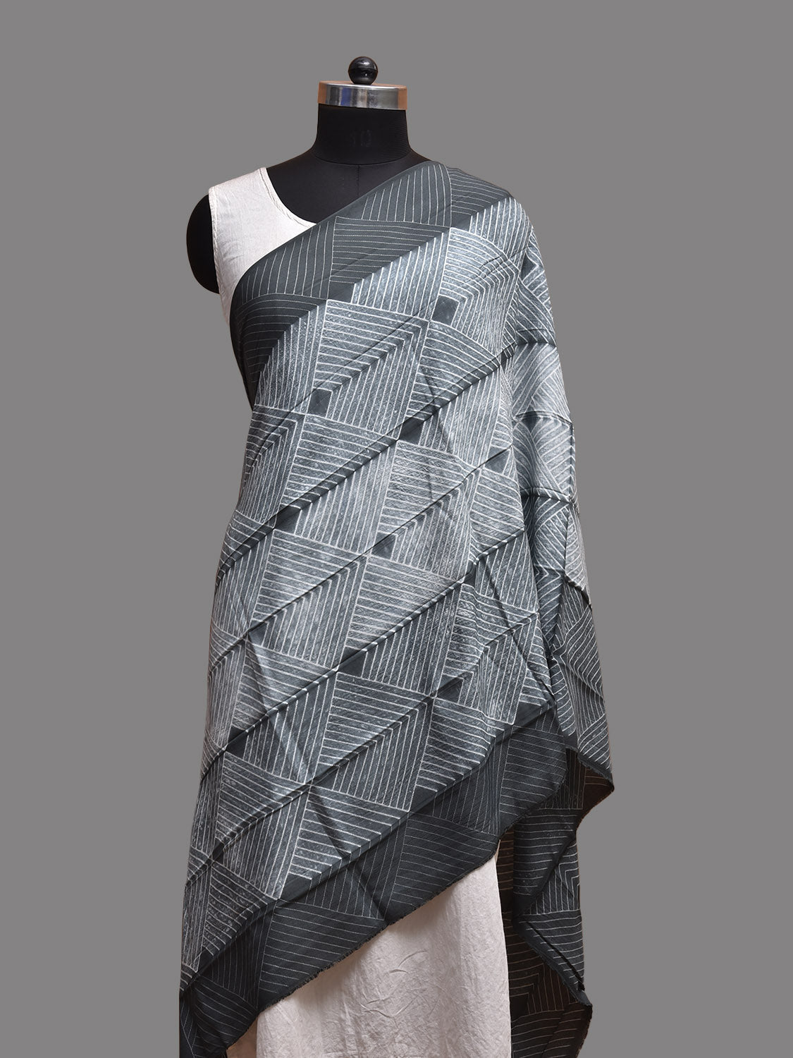 Grey Shibori Cotton Satin Weave Dupatta with Geometric and Leaves Design ds3811