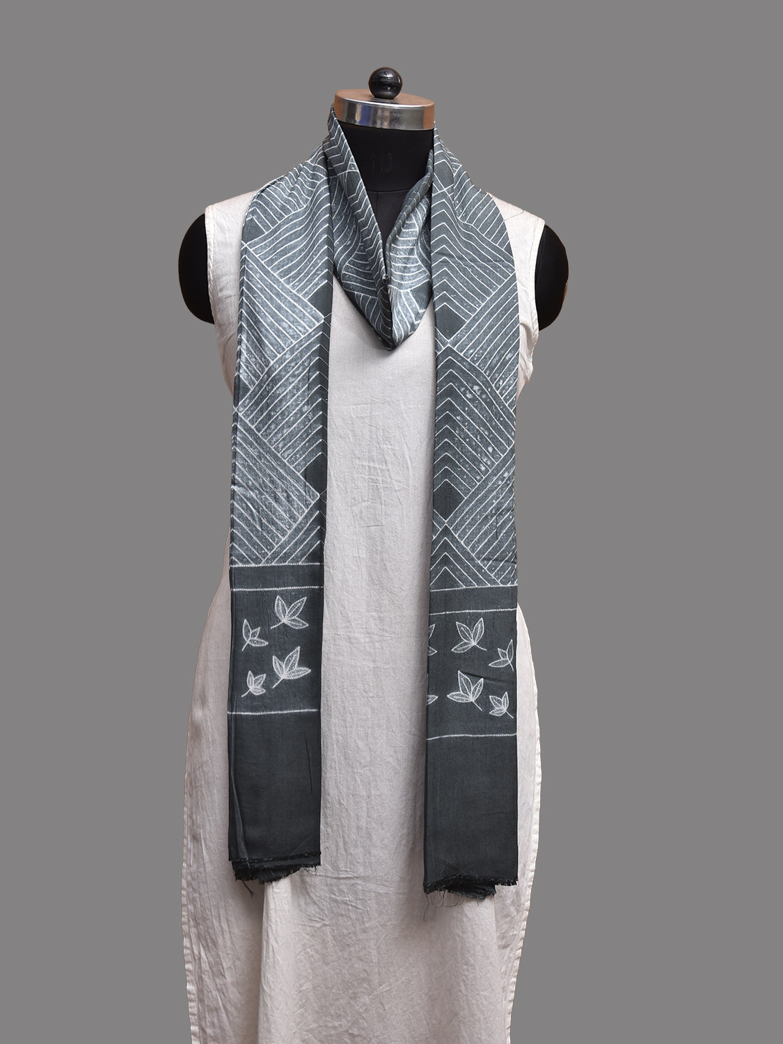 Grey Shibori Cotton Satin Weave Dupatta with Geometric and Leaves Design ds3811