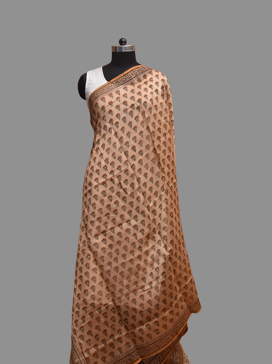 Light Orange Block Print Cotton Silk Dupatta with Natural Dyes Floral Design ds3815