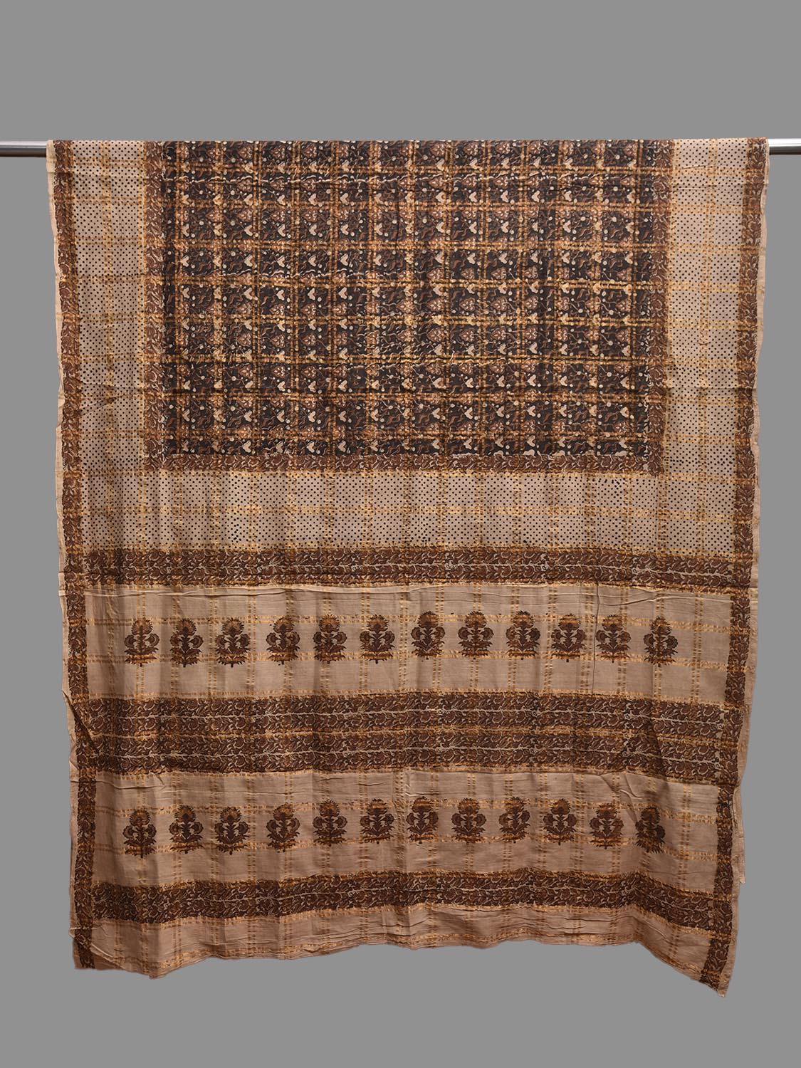 Black and Cream Block Print Cotton Dupatta with Floral Design ds3816