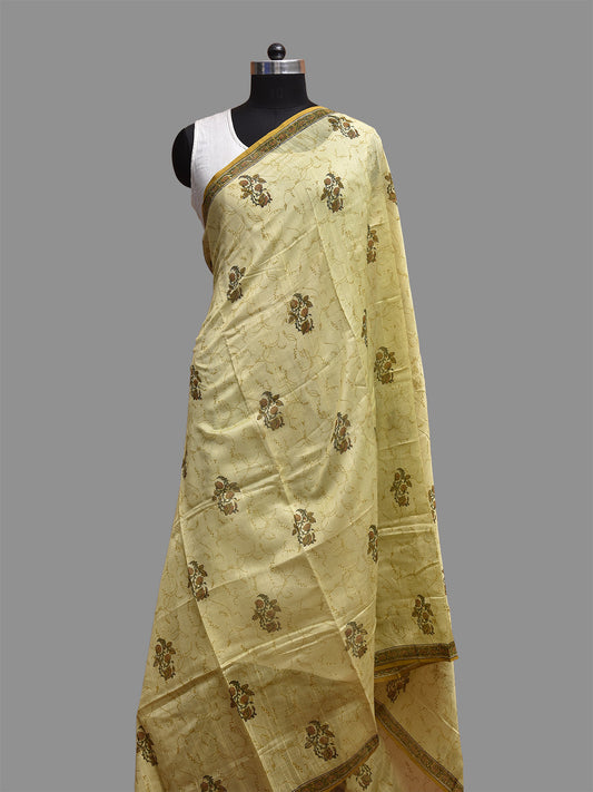 Light Green Block Print Cotton Silk Dupatta with Natural Dyes Floral Design ds3818