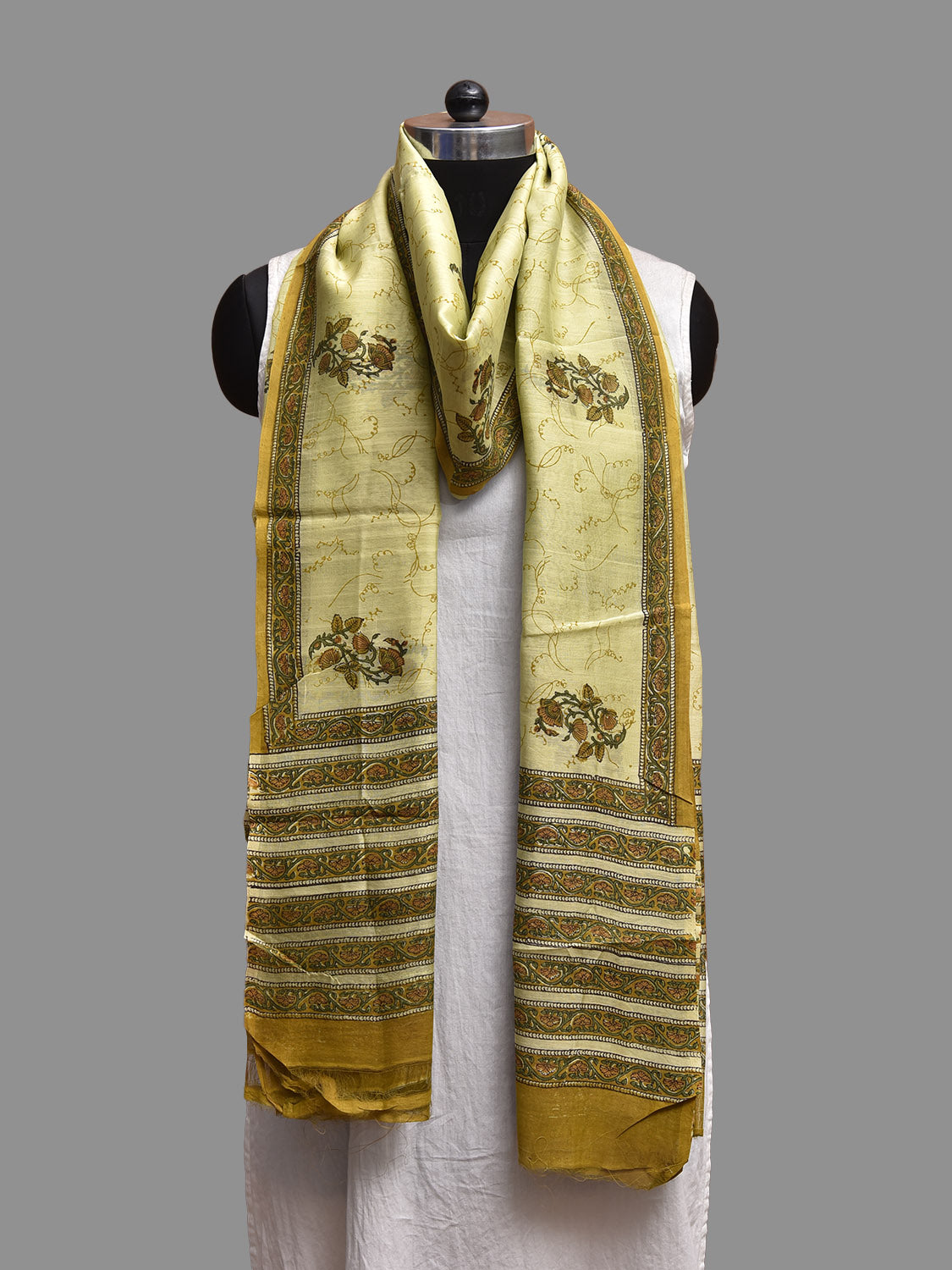 Light Green Block Print Cotton Silk Dupatta with Natural Dyes Floral Design ds3818