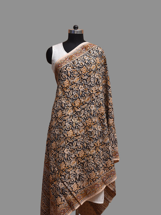 Black Kalamkari Block Print Cotton Dupatta with Floral Design ds3819