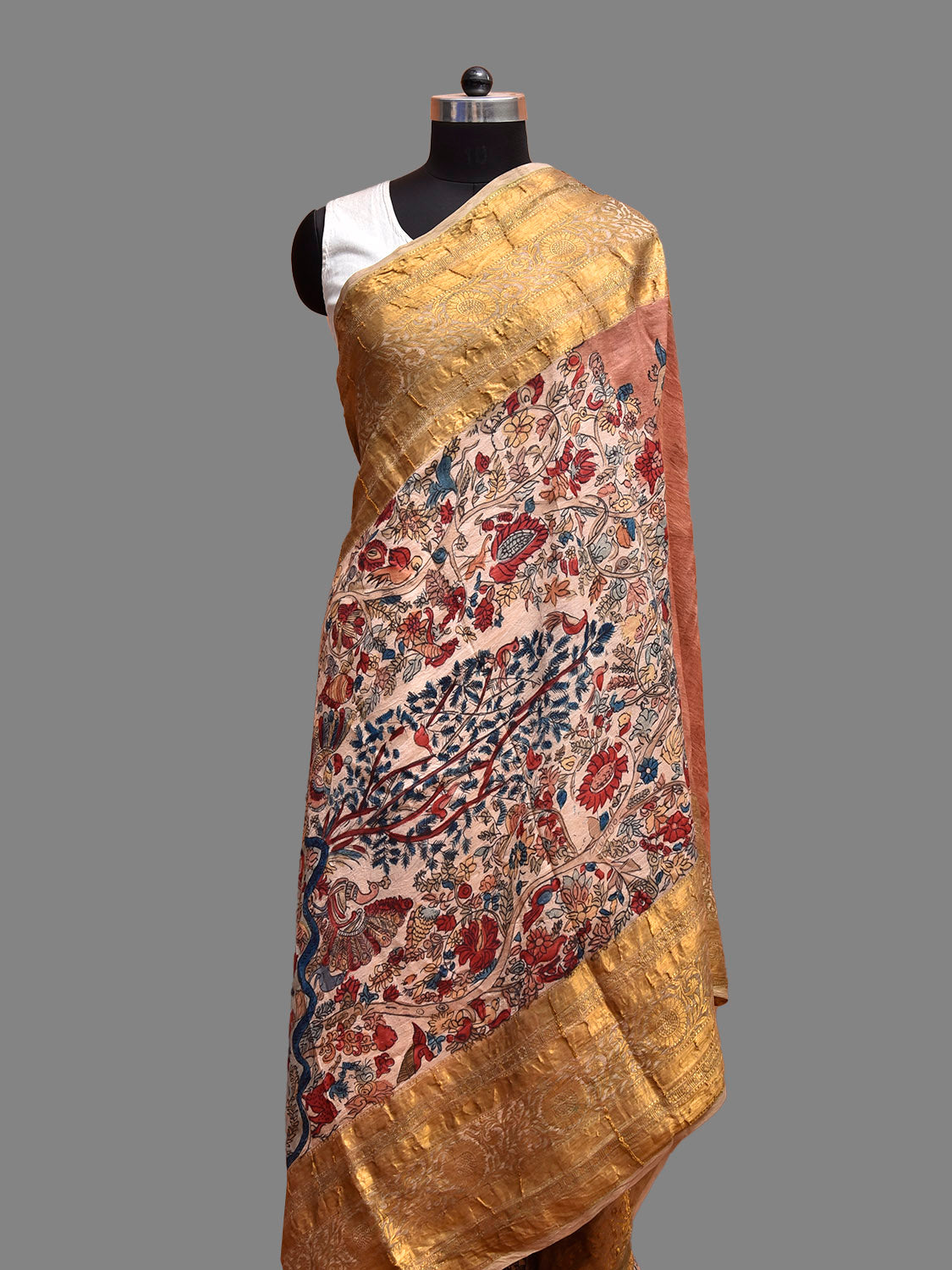 Peach Kalamkari Hand Painted Kanchipuram Silk Dupatta with Tree of Life Design ds3822