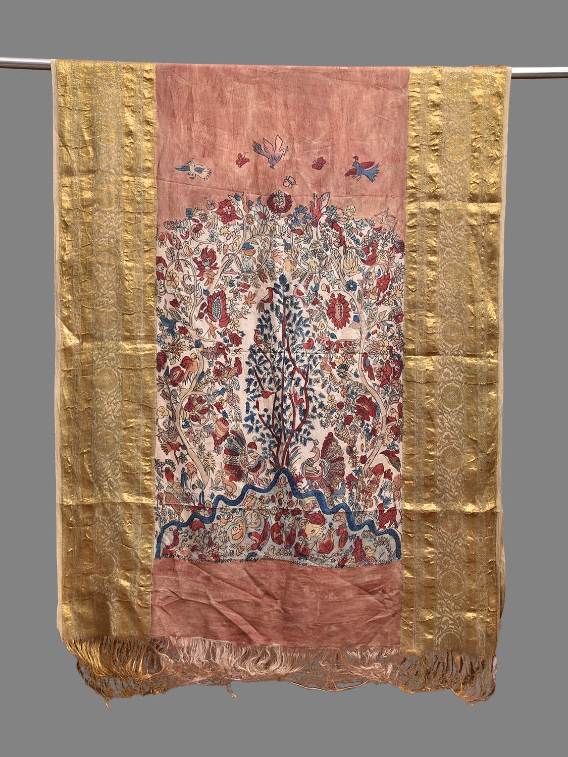 Peach Kalamkari Hand Painted Kanchipuram Silk Dupatta with Tree of Life Design ds3822