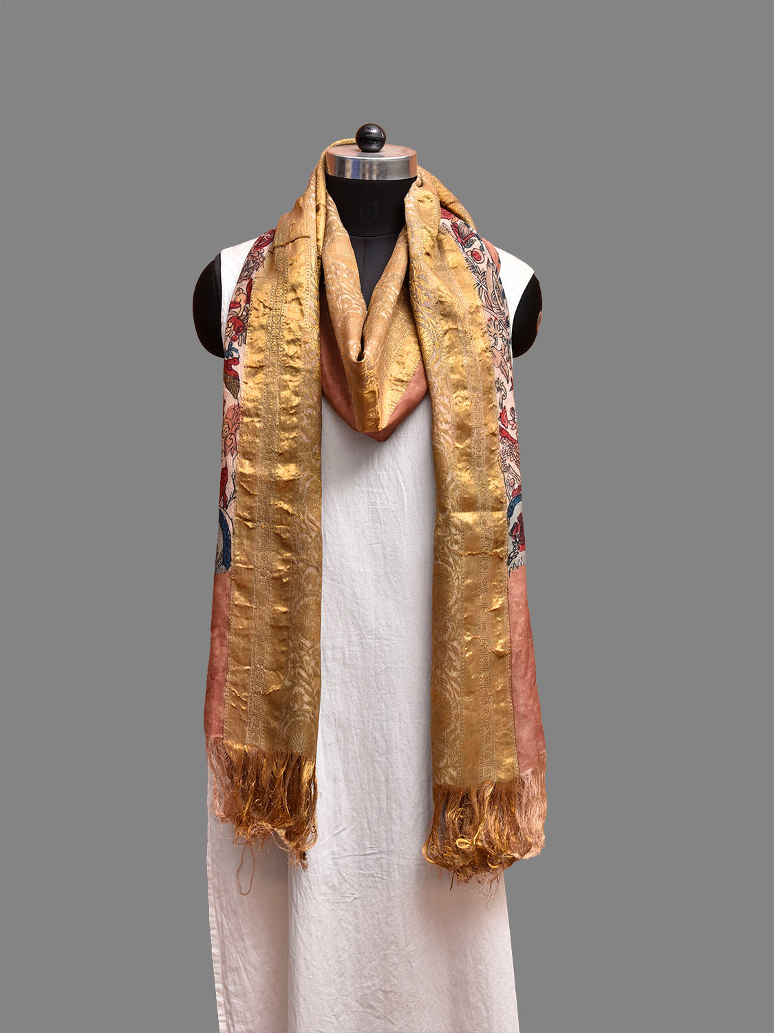 Peach Kalamkari Hand Painted Kanchipuram Silk Dupatta with Tree of Life Design ds3822