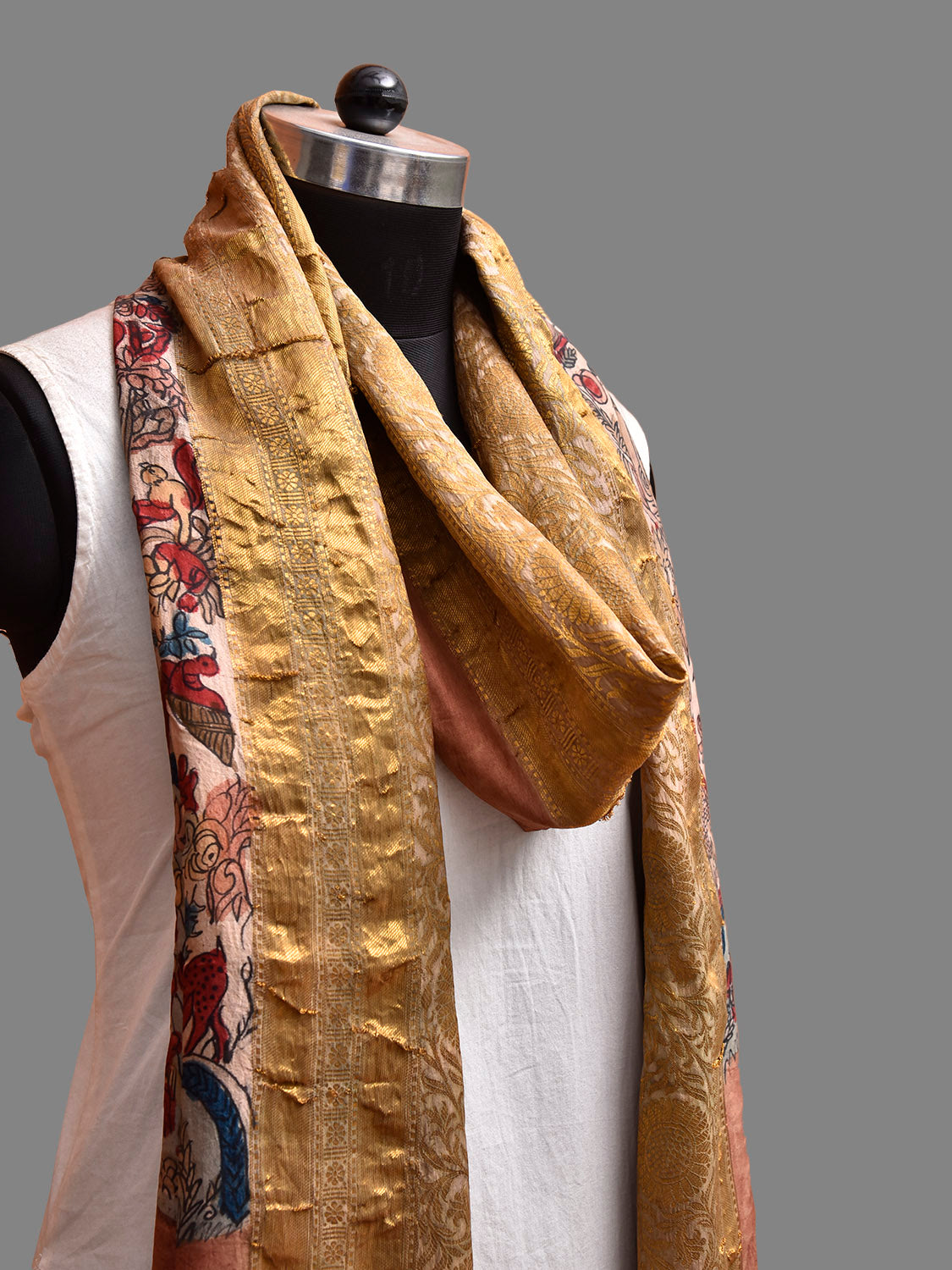 Peach Kalamkari Hand Painted Kanchipuram Silk Dupatta with Tree of Life Design ds3822