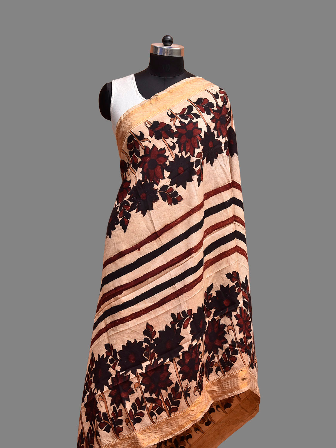 Cream Kalamkari Hand Painted Sico Dupatta with Floral and Strips Design ds3823