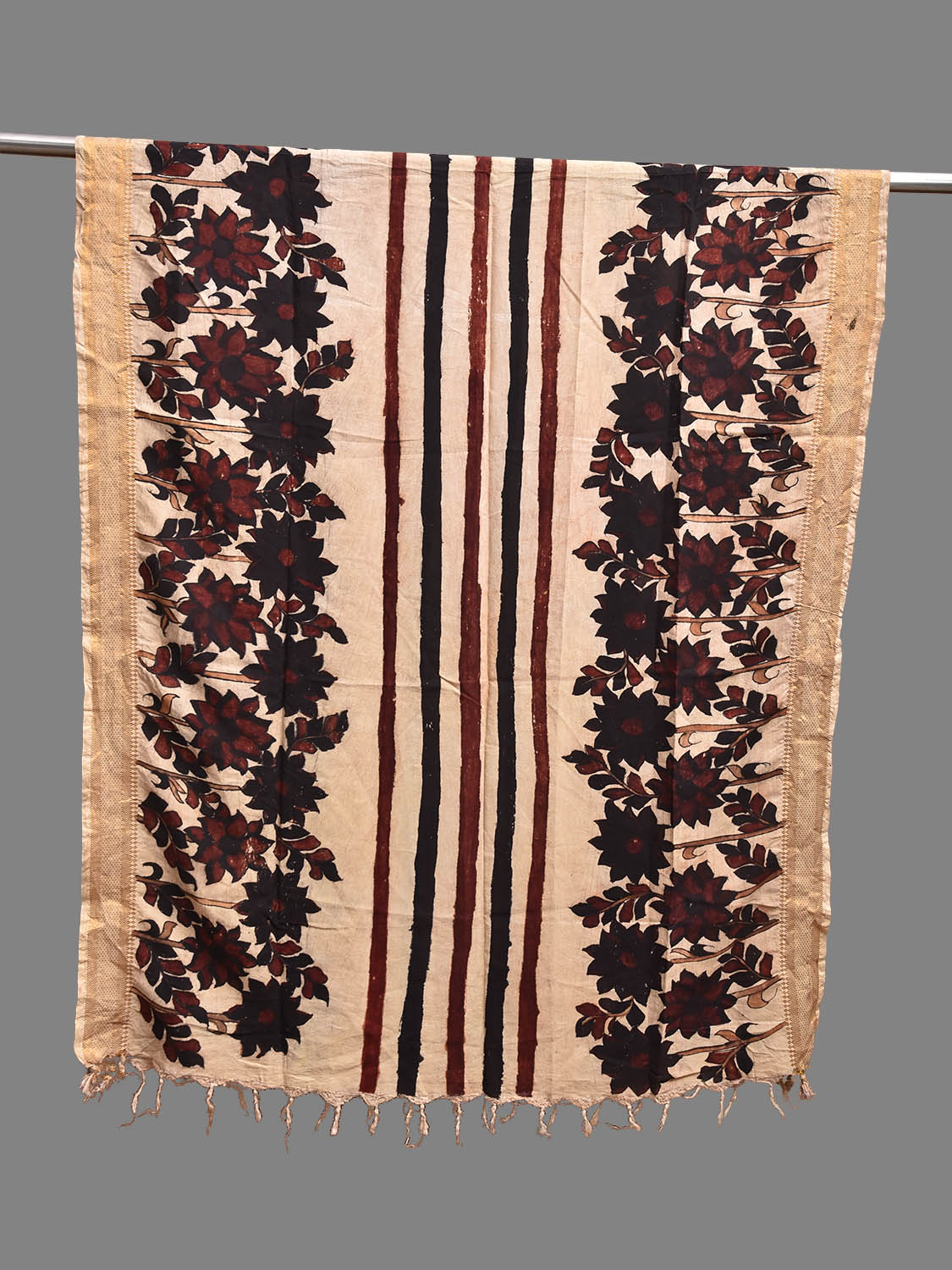Cream Kalamkari Hand Painted Sico Dupatta with Floral and Strips Design ds3823