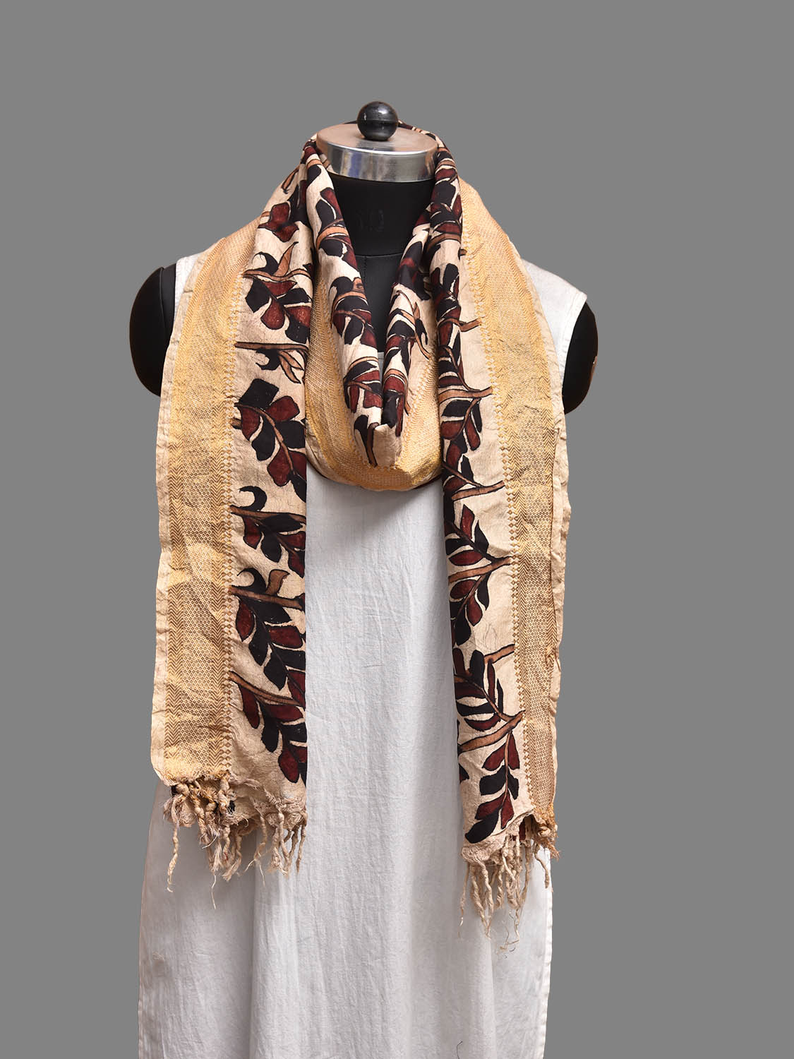 Cream Kalamkari Hand Painted Sico Dupatta with Floral and Strips Design ds3823