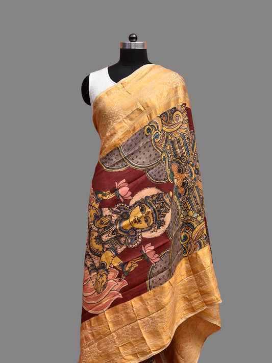 Dark Red and Cream Kalamkari Hand Painted Kanchipuram Silk Dupatta with Saraswati Design ds3825