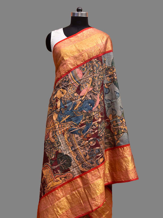 Dark Red and Light Blue Kalamkari Hand Painted Kanchipuram Silk Dupatta with Ramayana Design ds3826