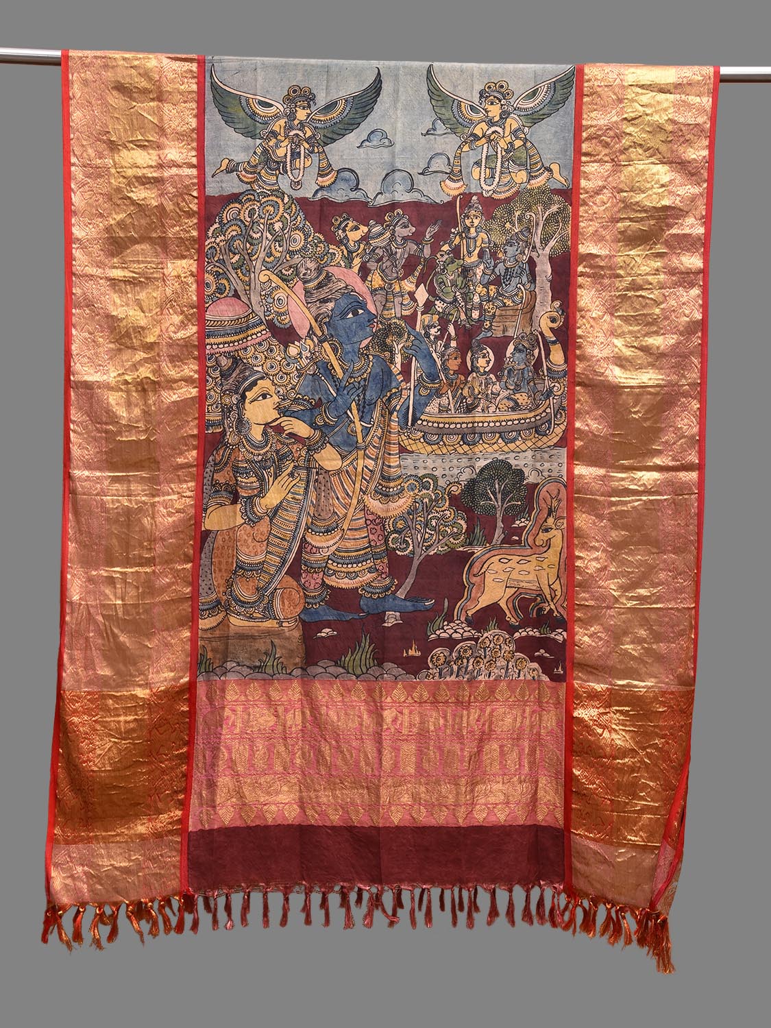 Dark Red and Light Blue Kalamkari Hand Painted Kanchipuram Silk Dupatta with Ramayana Design ds3826
