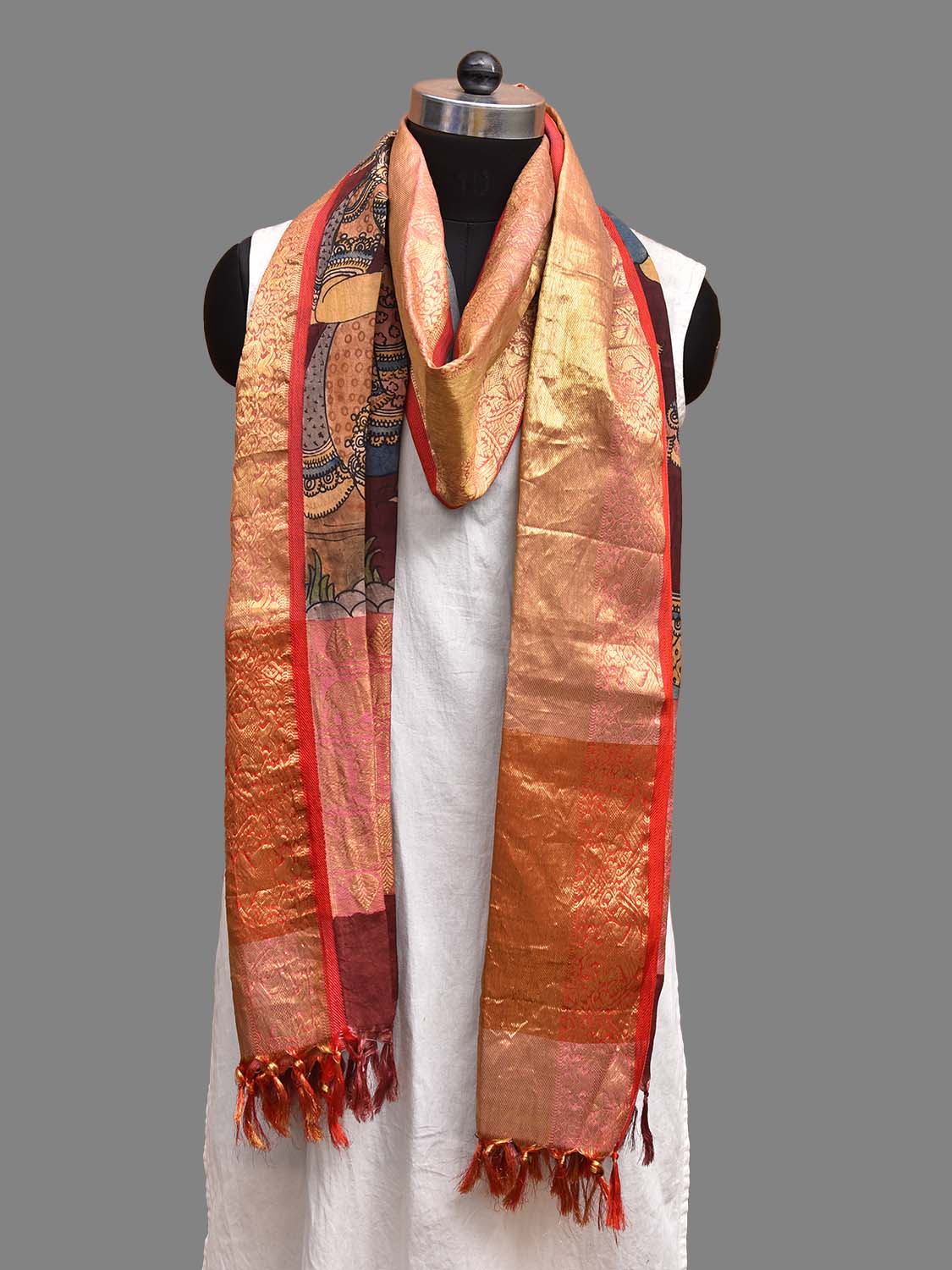 Dark Red and Light Blue Kalamkari Hand Painted Kanchipuram Silk Dupatta with Ramayana Design ds3826
