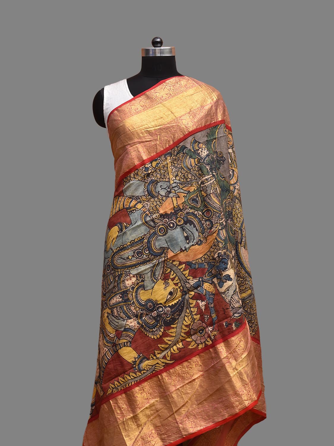 Red and Light Blue Kalamkari Hand Painted Kanchipuram Silk Dupatta with Krishna Design ds3827
