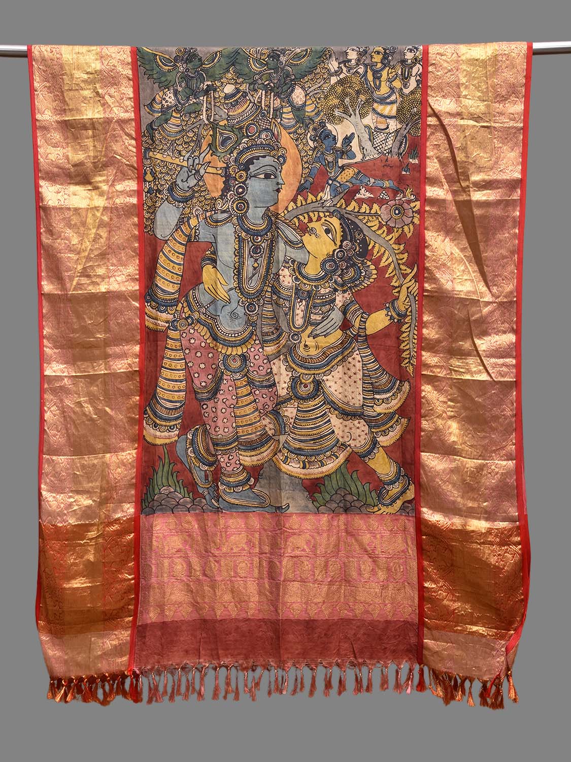 Red and Light Blue Kalamkari Hand Painted Kanchipuram Silk Dupatta with Krishna Design ds3827